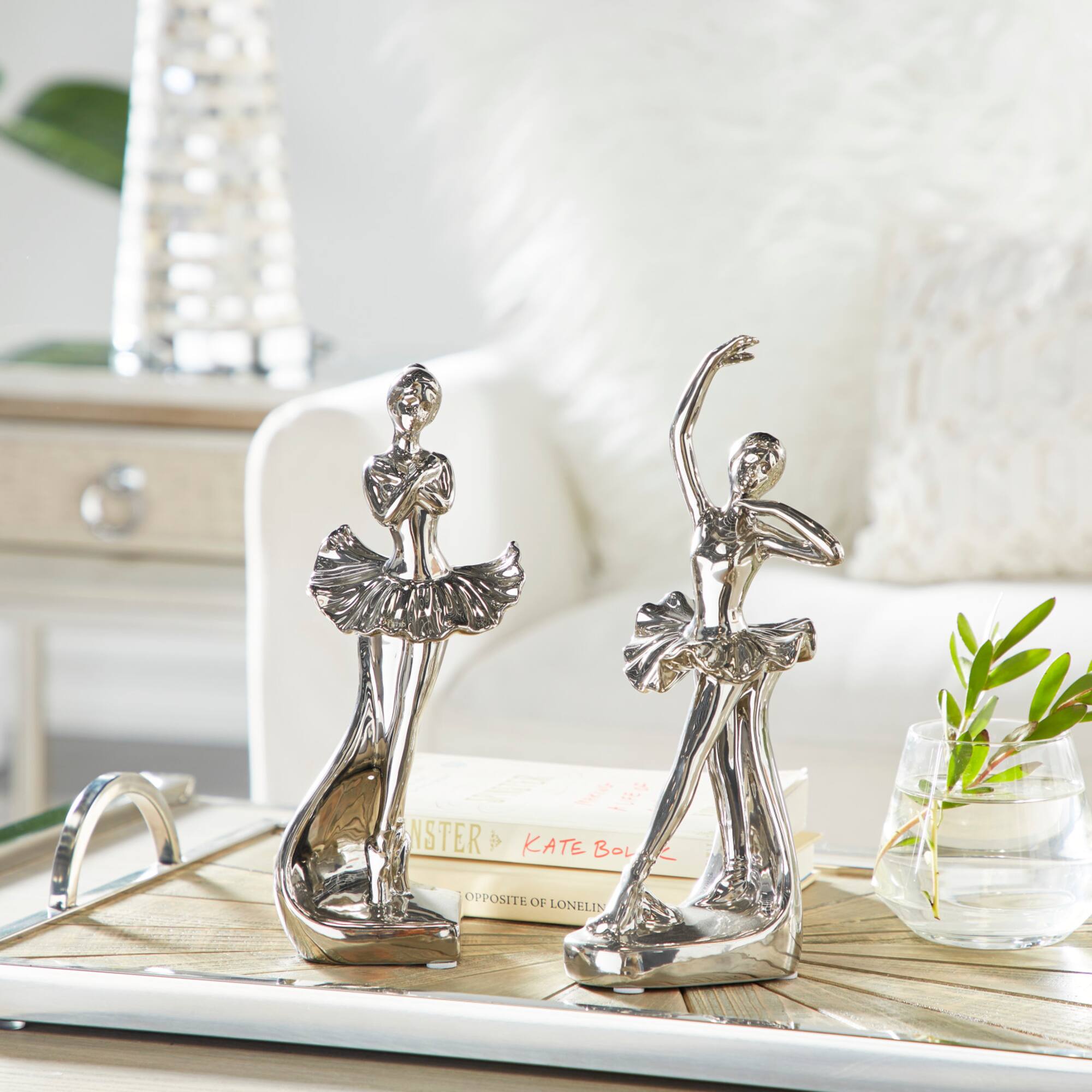 Set of 2 Silver Porcelain Glam Dancer Sculpture, 4" x 11"